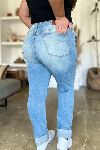 Judy Blue Full Size Distressed Straight Jeans with Patch Pockets - A Roese Boutique