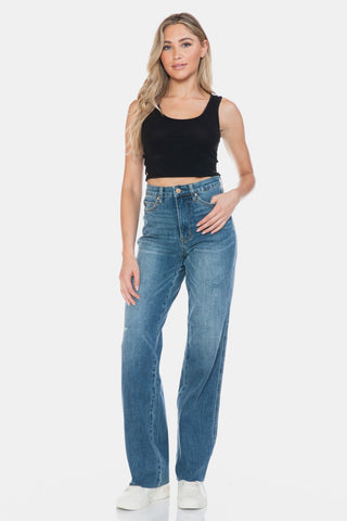 Judy Blue Full Size Tummy Control Cut Raw Hem Straight Jeans - A Roese Boutique