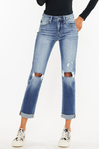 Kancan High Waist Distressed Hem Detail Cropped Straight Jeans - A Roese Boutique