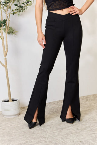 Kancan V-Waistband Slit Flare Pants - A Roese Boutique