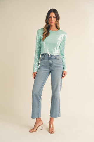 MABLE Shoulder Padded Sequin Crop Top - A Roese Boutique