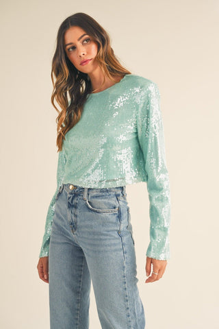 MABLE Shoulder Padded Sequin Crop Top - A Roese Boutique