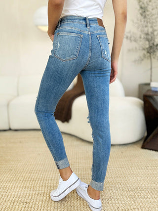 Mid Rise Destroy & Cuff Skinny Jeans by Judy Blue - A Roese Boutique