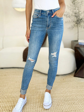 Mid Rise Destroy & Cuff Skinny Jeans by Judy Blue - A Roese Boutique