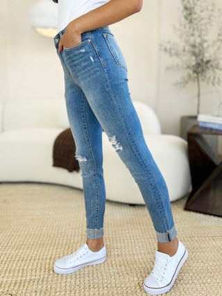 Mid Rise Destroy & Cuff Skinny Jeans by Judy Blue - A Roese Boutique