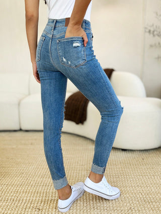 Mid Rise Destroy & Cuff Skinny Jeans by Judy Blue - A Roese Boutique