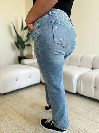 Mid Rise Distressed Straight Jeans by Judy Blue - A Roese Boutique