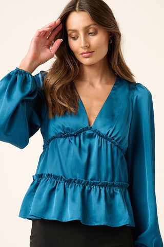 Mittoshop Satin V Neck Ruffled Tier Blouse - A Roese Boutique