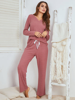 Notched Long Sleeve Top and Pants Set - A Roese Boutique