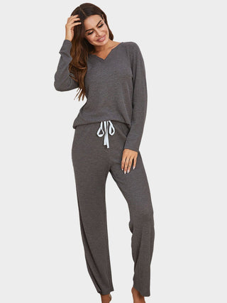 Notched Long Sleeve Top and Pants Set - A Roese Boutique