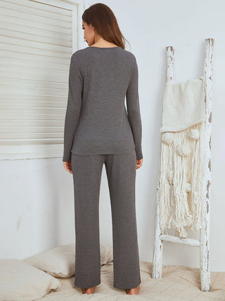 Notched Long Sleeve Top and Pants Set - A Roese Boutique