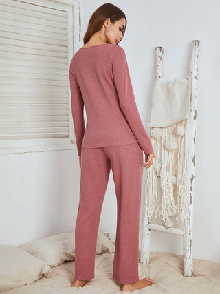 Notched Long Sleeve Top and Pants Set - A Roese Boutique