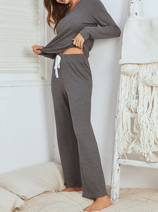 Notched Long Sleeve Top and Pants Set - A Roese Boutique