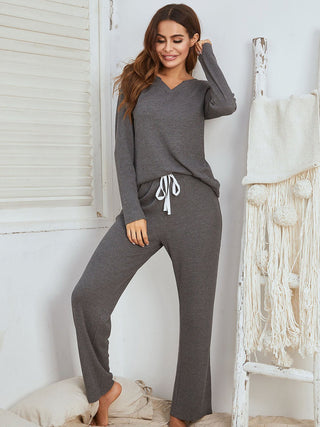 Notched Long Sleeve Top and Pants Set - A Roese Boutique