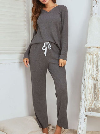 Notched Long Sleeve Top and Pants Set - A Roese Boutique