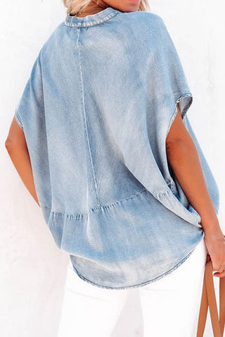Notched Short Sleeve Denim Top - A Roese Boutique