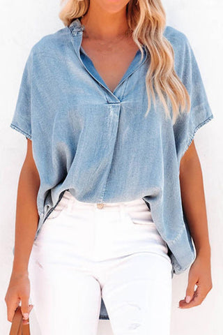 Notched Short Sleeve Denim Top - A Roese Boutique