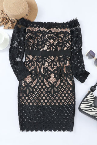 Off-Shoulder Long Sleeve Lace Dress - A Roese Boutique