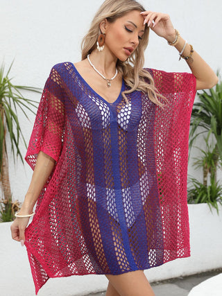 Openwork Contrast V-Neck Cover-Up - A Roese Boutique