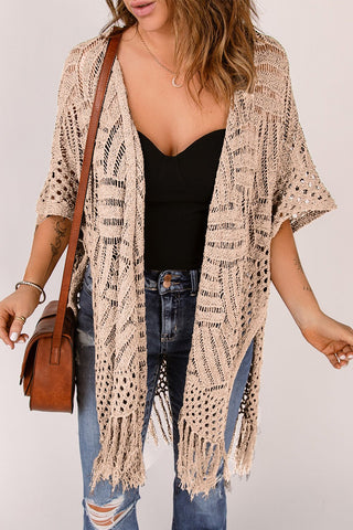 Openwork Open Front Cardigan with Fringes - A Roese Boutique