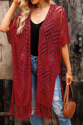 Openwork Open Front Cardigan with Fringes - A Roese Boutique