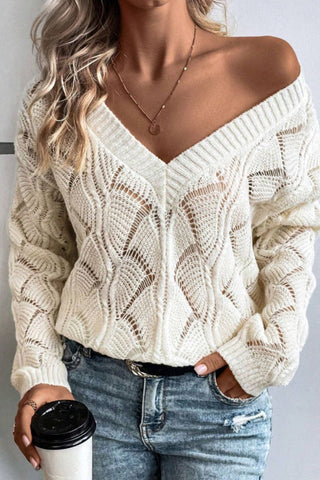 Openwork V - Neck Long Sleeve Sweater - A Roese Boutique