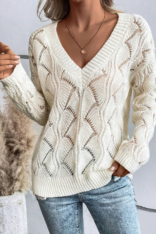 Openwork V - Neck Long Sleeve Sweater - A Roese Boutique