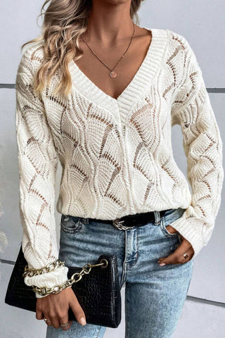 Openwork V - Neck Long Sleeve Sweater - A Roese Boutique