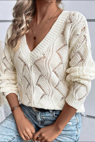 Openwork V - Neck Long Sleeve Sweater - A Roese Boutique