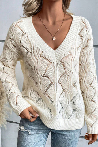 Openwork V - Neck Long Sleeve Sweater - A Roese Boutique