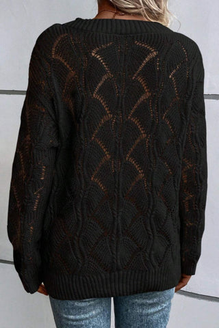 Openwork V - Neck Long Sleeve Sweater - A Roese Boutique