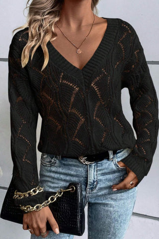 Openwork V - Neck Long Sleeve Sweater - A Roese Boutique