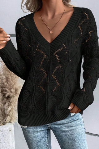 Openwork V - Neck Long Sleeve Sweater - A Roese Boutique