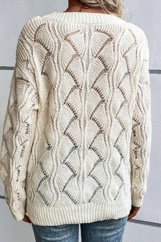 Openwork V - Neck Long Sleeve Sweater - A Roese Boutique