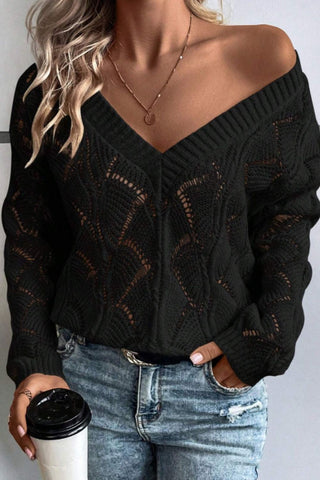 Openwork V - Neck Long Sleeve Sweater - A Roese Boutique