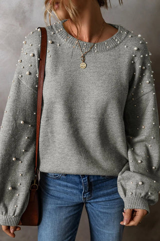 Pearl Detail Round Neck Long Sleeve Sweater - A Roese Boutique