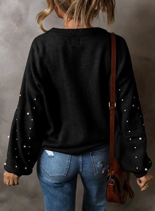 Pearl Detail Round Neck Long Sleeve Sweater - A Roese Boutique