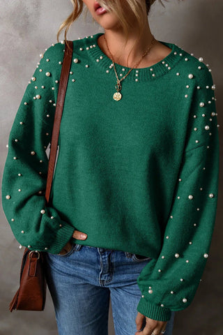 Pearl Detail Round Neck Long Sleeve Sweater - A Roese Boutique