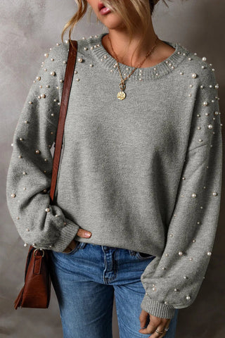 Pearl Detail Round Neck Long Sleeve Sweater - A Roese Boutique