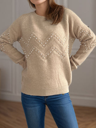 Pearl Trim Round Neck Raglan Sleeve Sweater - A Roese Boutique