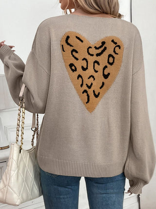 Perfee Tied Contrast Heart V - Neck Long Sleeve Cardigan - A Roese Boutique