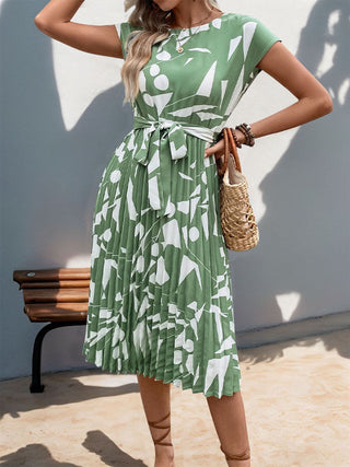 Perfee Tied Pleated Printed Cap Sleeve Dress - A Roese Boutique