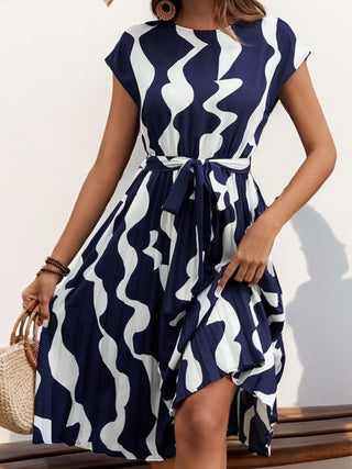 Perfee Tied Pleated Printed Cap Sleeve Dress - A Roese Boutique