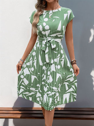 Perfee Tied Pleated Printed Cap Sleeve Dress - A Roese Boutique