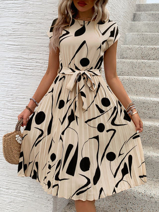 Perfee Tied Pleated Printed Cap Sleeve Dress - A Roese Boutique