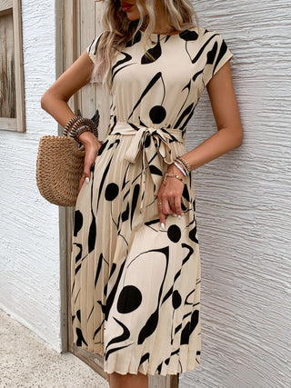 Perfee Tied Pleated Printed Cap Sleeve Dress - A Roese Boutique