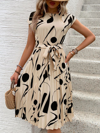 Perfee Tied Pleated Printed Cap Sleeve Dress - A Roese Boutique