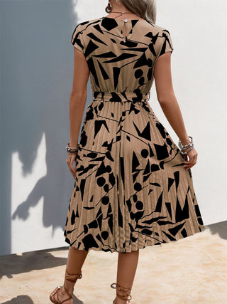 Perfee Tied Pleated Printed Cap Sleeve Dress - A Roese Boutique