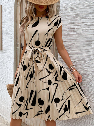 Perfee Tied Pleated Printed Cap Sleeve Dress - A Roese Boutique