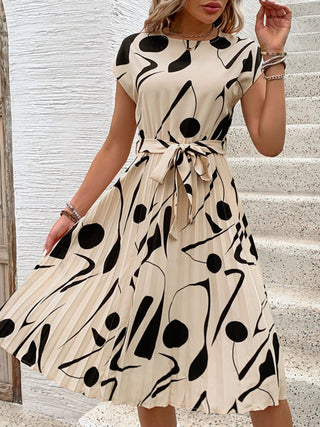 Perfee Tied Pleated Printed Cap Sleeve Dress - A Roese Boutique